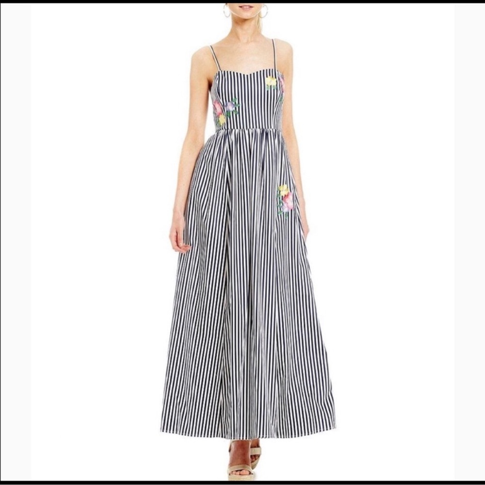 Badgley Mischka Collection striped Maxi Gown Dress Sz 4 with floral embroidery